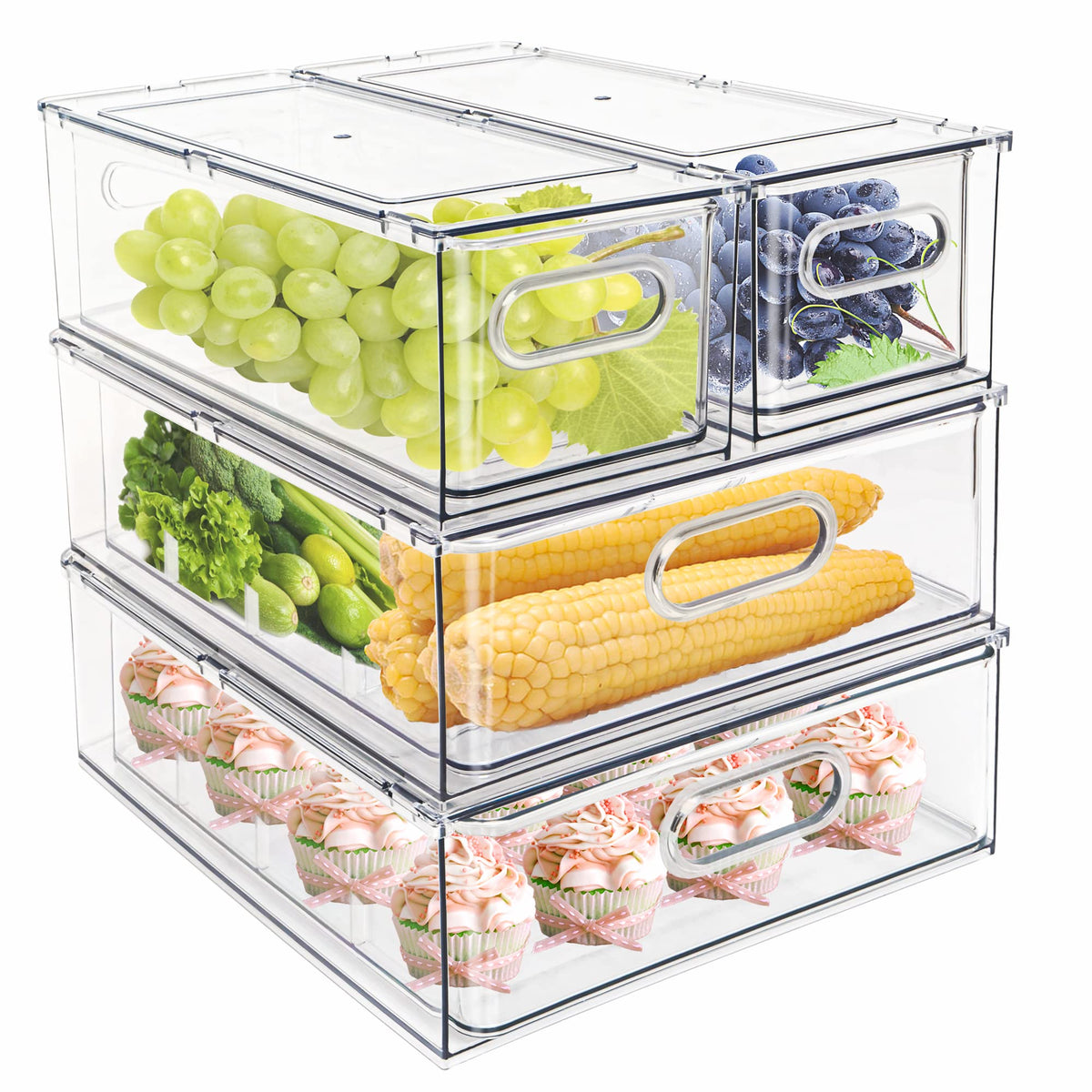 3Pack Fridge Organizer Drawer Divider Cube Pull-Out Bins Clear Food Container Refrigerator Storage box Produce Saver for Pantry Kitchen Cabinet