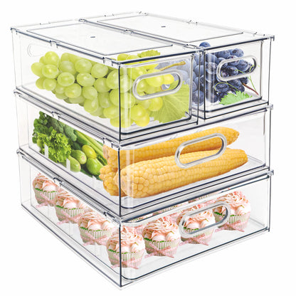 3Pack Fridge Organizer Drawer Divider Cube Pull-Out Bins Clear Food Container Refrigerator Storage box Produce Saver for Pantry Kitchen Cabinet
