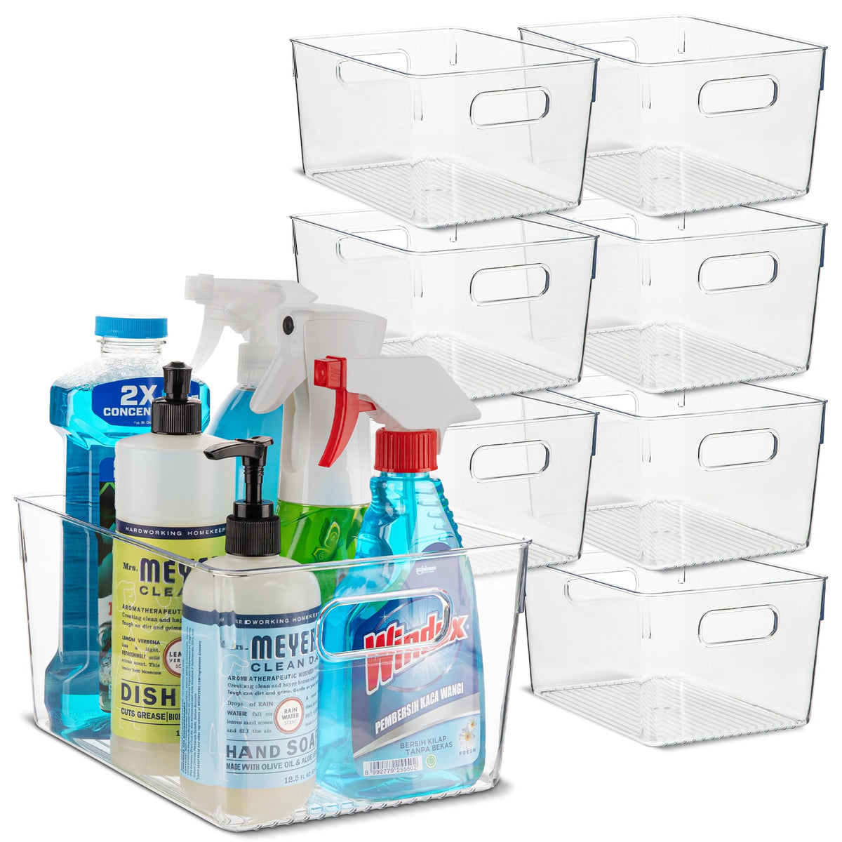 Plastic Food Storage 2 Pack Clear Container Bin with Handles for Organizing Kitchen, Pantry, Refrigerator, Freezer, Pantry, Cabinet, Closet, Bathroom. Stackable 10”x6”x3”