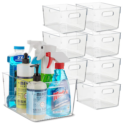 Plastic Food Storage 2 Pack Clear Container Bin with Handles for Organizing Kitchen, Pantry, Refrigerator, Freezer, Pantry, Cabinet, Closet, Bathroom. Stackable 10”x6”x3”