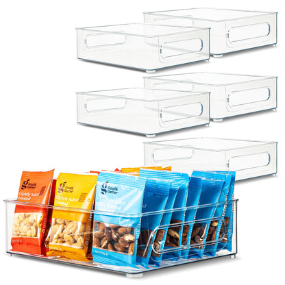 Plastic Food Storage 2 Pack Clear Container Bin with Handles for Organizing Kitchen, Pantry, Refrigerator, Freezer, Pantry, Cabinet, Closet, Bathroom. Stackable 10”x6”x3”