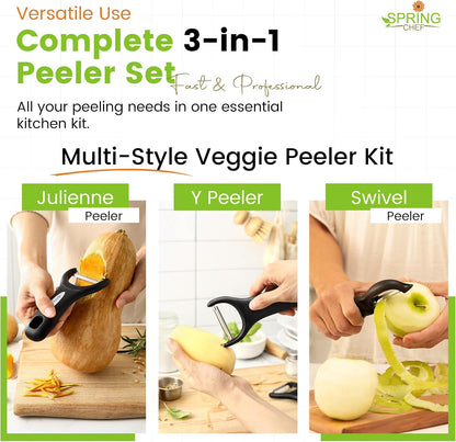 Spring Chef 3pcs Vegetable Peelers for Kitchen, Swivel, Y & Julienne Peeler