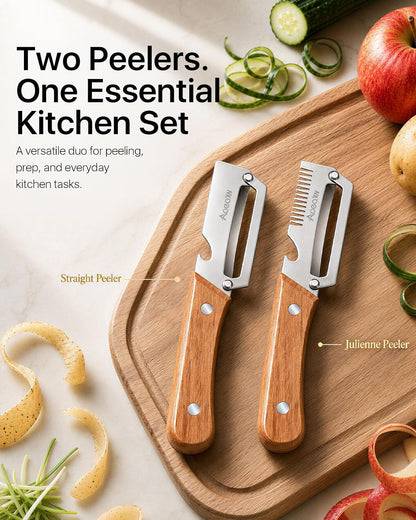 2 Pack Multifunctional Vegetable Peeler With Wooden Handle and Bottle Opener, 3-in-1 Stainless Steel Potato Peeler for Kitchen, 2026 Upgraded Ergonomic Hand Held Peeler Knife for Fruit & Vegetables