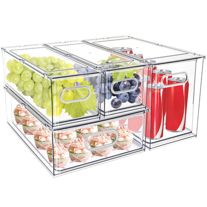 3Pack Fridge Organizer Drawer Divider Cube Pull-Out Bins Clear Food Container Refrigerator Storage box Produce Saver for Pantry Kitchen Cabinet