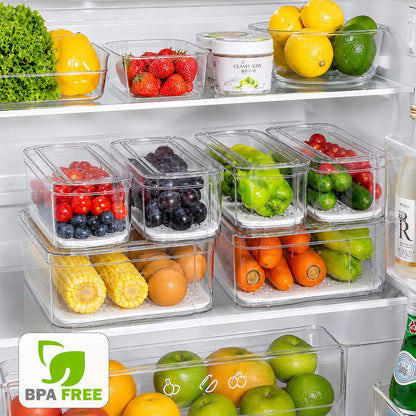 SMRCAD 6 Pack Clear Fridge Organizer Bins with Drain Trays - Stackable