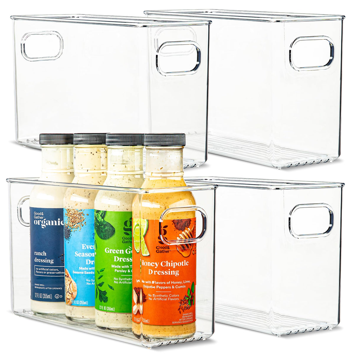 Plastic Food Storage 2 Pack Clear Container Bin with Handles for Organizing Kitchen, Pantry, Refrigerator, Freezer, Pantry, Cabinet, Closet, Bathroom. Stackable 10”x6”x3”