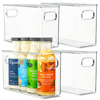 Plastic Food Storage 2 Pack Clear Container Bin with Handles for Organizing Kitchen, Pantry, Refrigerator, Freezer, Pantry, Cabinet, Closet, Bathroom. Stackable 10”x6”x3”