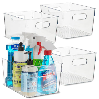 Plastic Food Storage 2 Pack Clear Container Bin with Handles for Organizing Kitchen, Pantry, Refrigerator, Freezer, Pantry, Cabinet, Closet, Bathroom. Stackable 10”x6”x3”