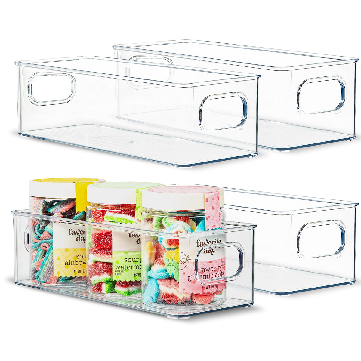 Plastic Food Storage 2 Pack Clear Container Bin with Handles for Organizing Kitchen, Pantry, Refrigerator, Freezer, Pantry, Cabinet, Closet, Bathroom. Stackable 10”x6”x3”