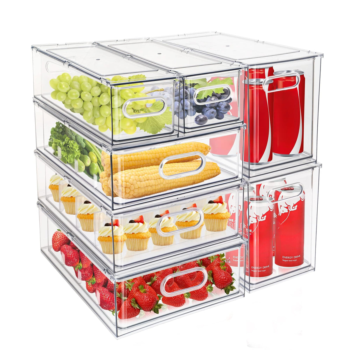 Mano Fridge Drawer Pull Out Stackable Bins with Handle Clear Refrigerator Drawers Organizer Food Storage Container Box with Dividers Plastic Produce Saver for Pantry, Cabinet, Kitchen, Clothes（4Pack）