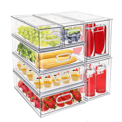 Mano Fridge Drawer Pull Out Stackable Bins with Handle Clear Refrigerator Drawers Organizer Food Storage Container Box with Dividers Plastic Produce Saver for Pantry, Cabinet, Kitchen, Clothes（4Pack）