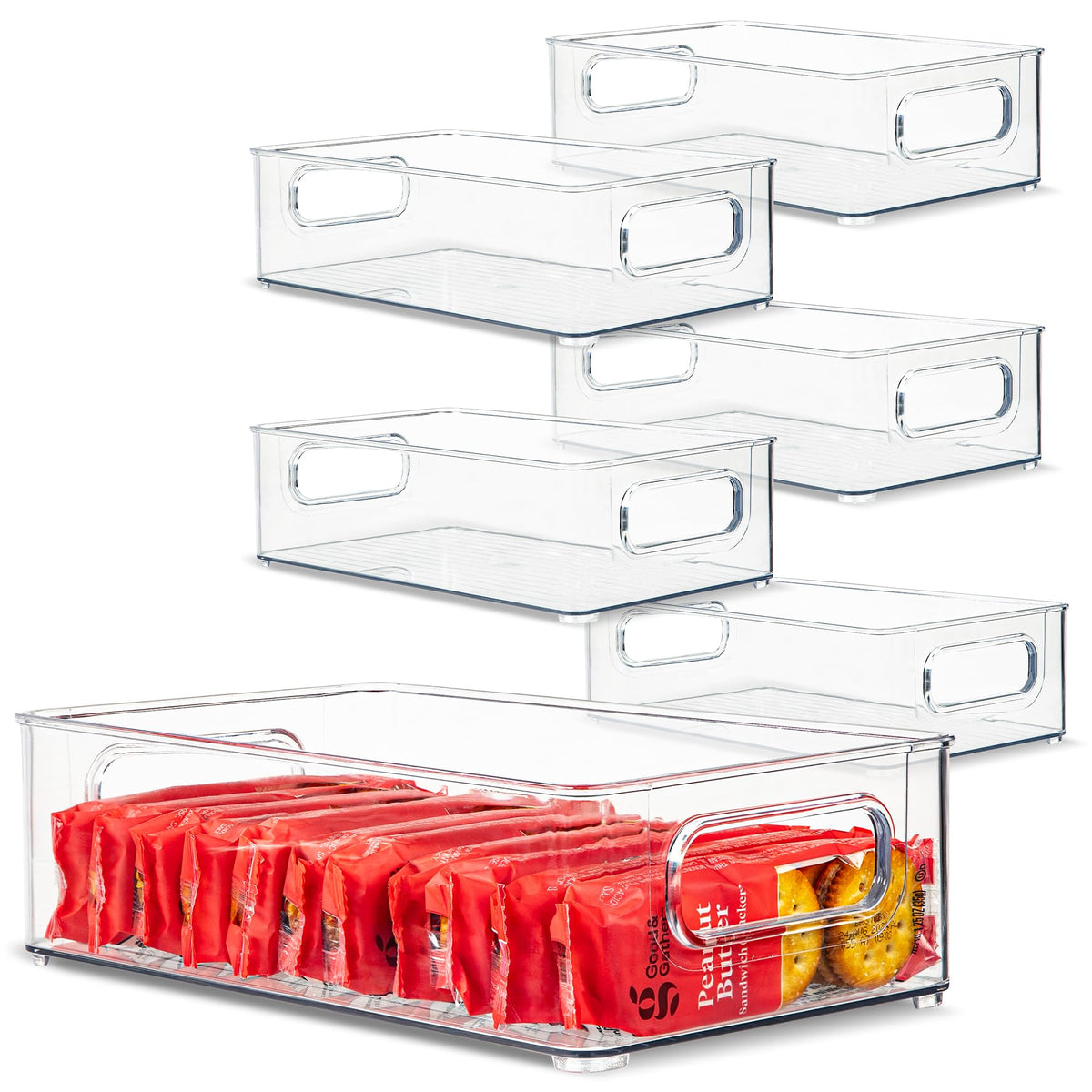 Plastic Food Storage 2 Pack Clear Container Bin with Handles for Organizing Kitchen, Pantry, Refrigerator, Freezer, Pantry, Cabinet, Closet, Bathroom. Stackable 10”x6”x3”