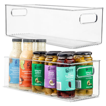 Plastic Food Storage 2 Pack Clear Container Bin with Handles for Organizing Kitchen, Pantry, Refrigerator, Freezer, Pantry, Cabinet, Closet, Bathroom. Stackable 10”x6”x3”