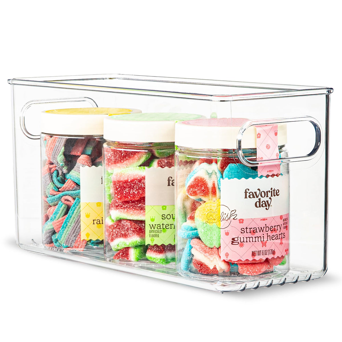 Plastic Food Storage 2 Pack Clear Container Bin with Handles for Organizing Kitchen, Pantry, Refrigerator, Freezer, Pantry, Cabinet, Closet, Bathroom. Stackable 10”x6”x3”