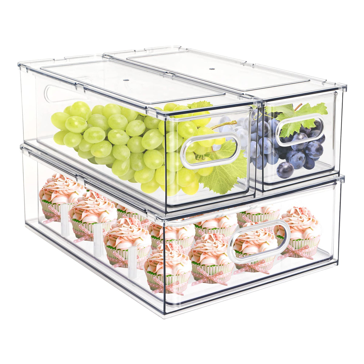 3Pack Fridge Organizer Drawer Divider Cube Pull-Out Bins Clear Food Container Refrigerator Storage box Produce Saver for Pantry Kitchen Cabinet