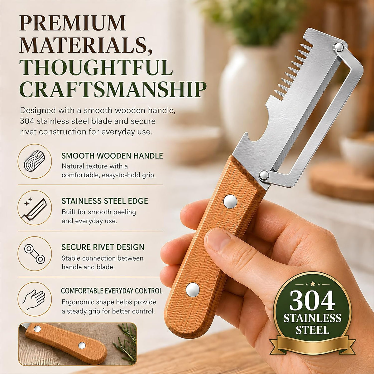 2026 upgrade 3-in-1 Vegetable Peeler with Wooden Handle, Stainless Steel Julienne Peeler and Scallion Shredder with Bottle Opener, Multi-Function Kitchen Peeler for Everyday Prep（1PCS)