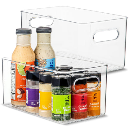 Plastic Food Storage 2 Pack Clear Container Bin with Handles for Organizing Kitchen, Pantry, Refrigerator, Freezer, Pantry, Cabinet, Closet, Bathroom. Stackable 10”x6”x3”