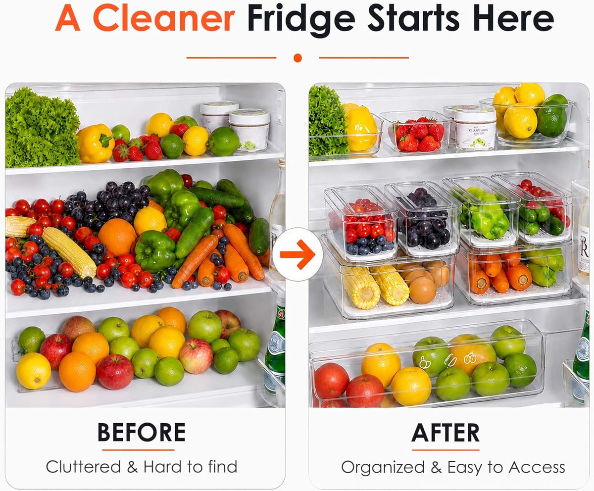 SMRCAD 6 Pack Clear Fridge Organizer Bins with Drain Trays - Stackable