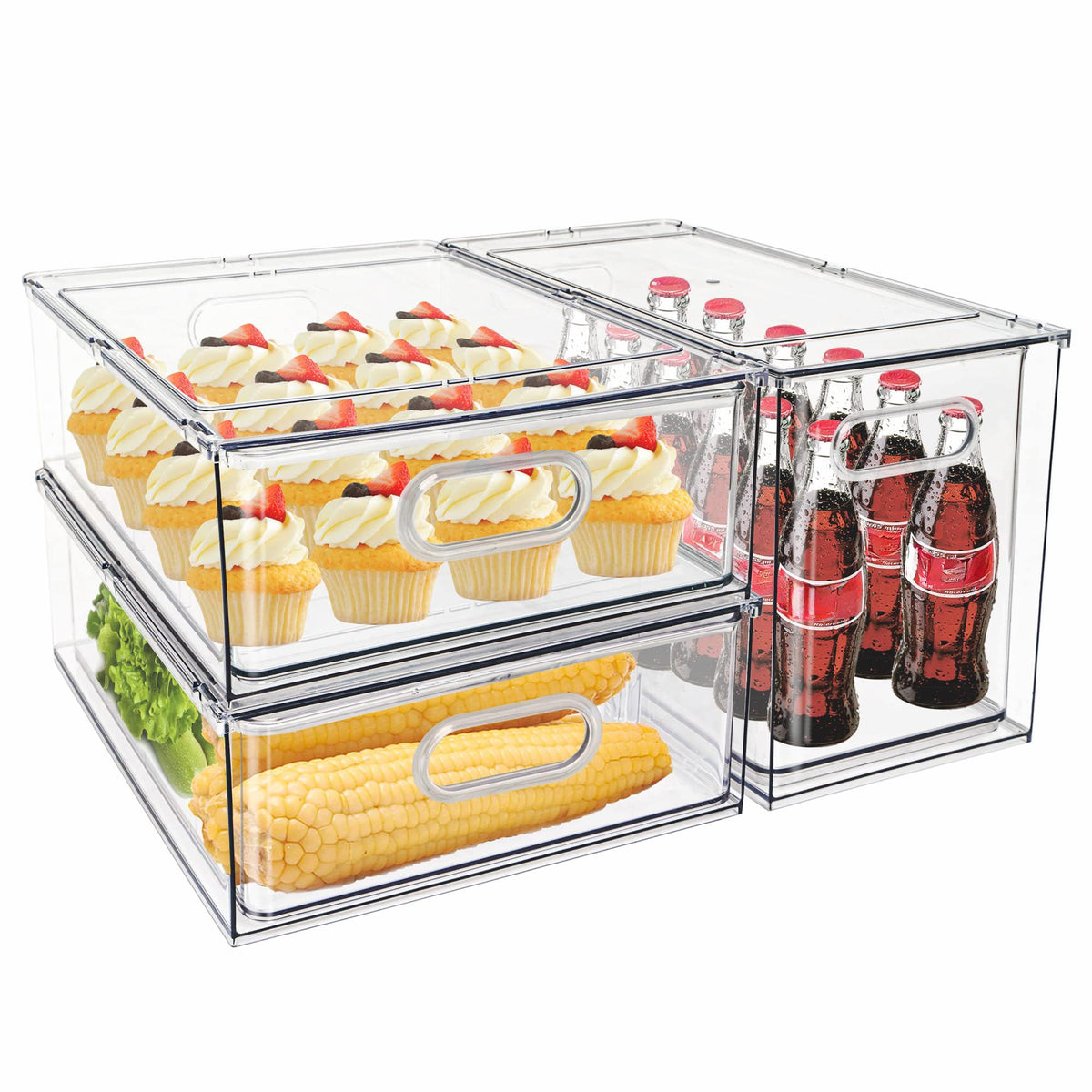 Mano Fridge Drawer Pull Out Stackable Bins with Handle Clear Refrigerator Drawers Organizer Food Storage Container Box with Dividers Plastic Produce Saver for Pantry, Cabinet, Kitchen, Clothes（4Pack）