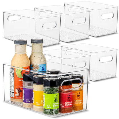 Plastic Food Storage 2 Pack Clear Container Bin with Handles for Organizing Kitchen, Pantry, Refrigerator, Freezer, Pantry, Cabinet, Closet, Bathroom. Stackable 10”x6”x3”