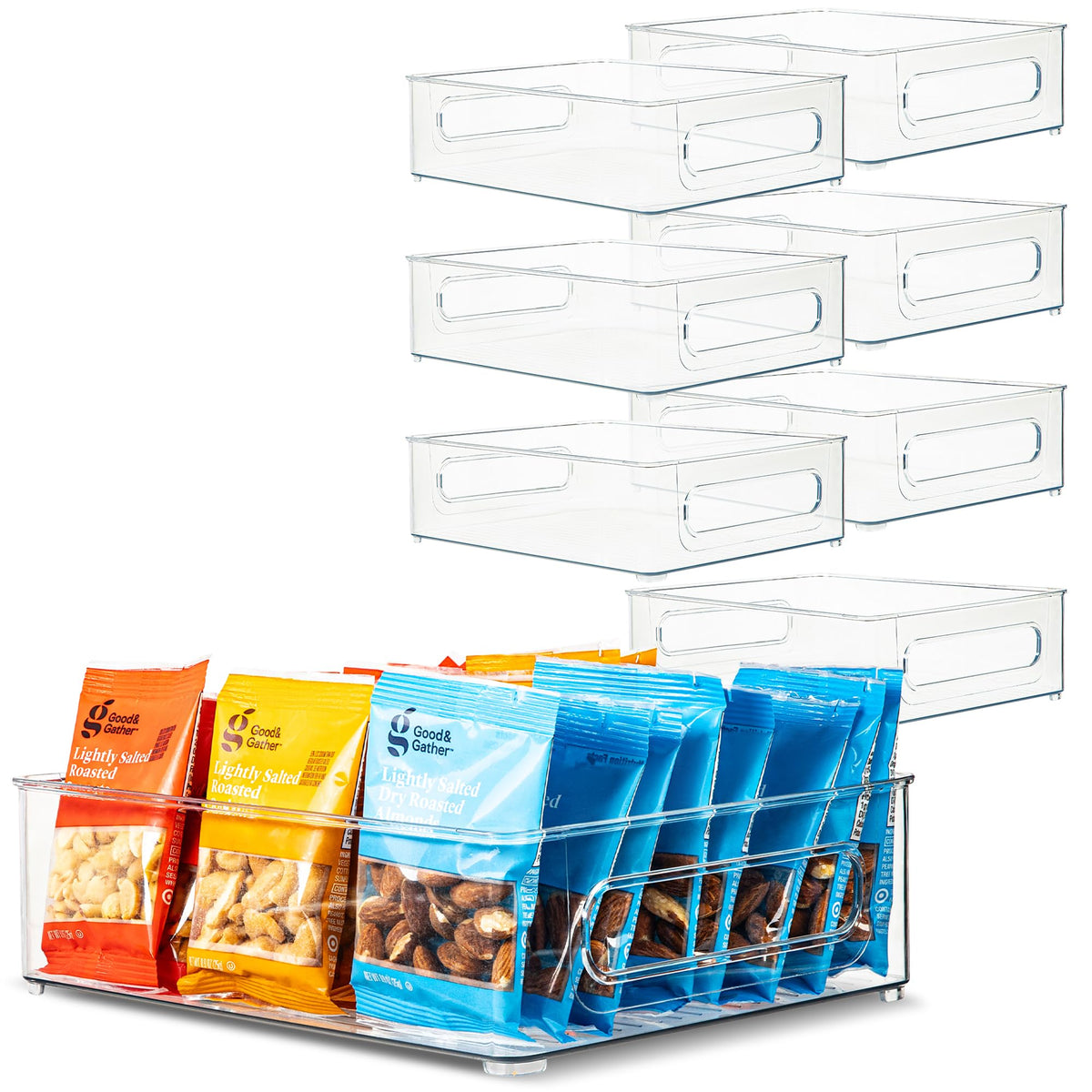 Plastic Food Storage 2 Pack Clear Container Bin with Handles for Organizing Kitchen, Pantry, Refrigerator, Freezer, Pantry, Cabinet, Closet, Bathroom. Stackable 10”x6”x3”