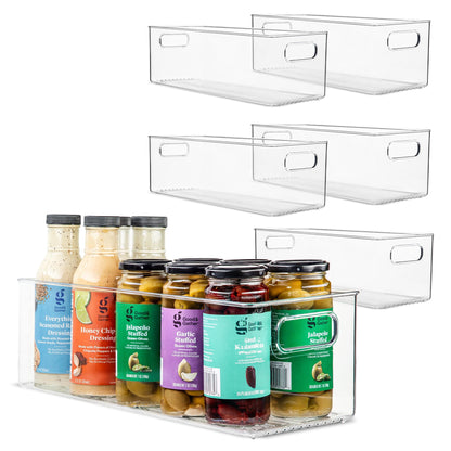 Plastic Food Storage 2 Pack Clear Container Bin with Handles for Organizing Kitchen, Pantry, Refrigerator, Freezer, Pantry, Cabinet, Closet, Bathroom. Stackable 10”x6”x3”