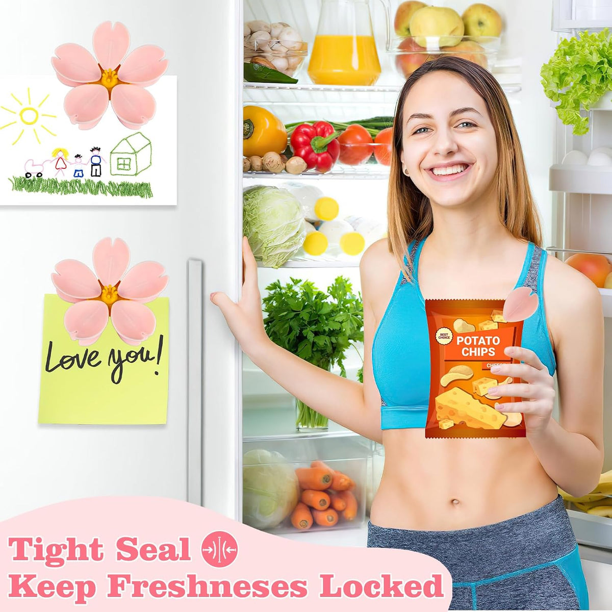 4 Pack Cherry Chip Clips Magnetic, Strong Cute Fridge Magnets Clips, Sealing Pink Chip Clips for Snack Bag Storage