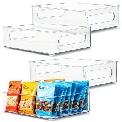 Plastic Food Storage 2 Pack Clear Container Bin with Handles for Organizing Kitchen, Pantry, Refrigerator, Freezer, Pantry, Cabinet, Closet, Bathroom. Stackable 10”x6”x3”