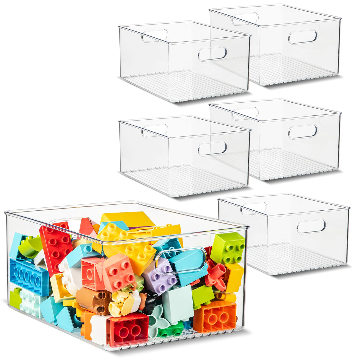Plastic Food Storage 2 Pack Clear Container Bin with Handles for Organizing Kitchen, Pantry, Refrigerator, Freezer, Pantry, Cabinet, Closet, Bathroom. Stackable 10”x6”x3”