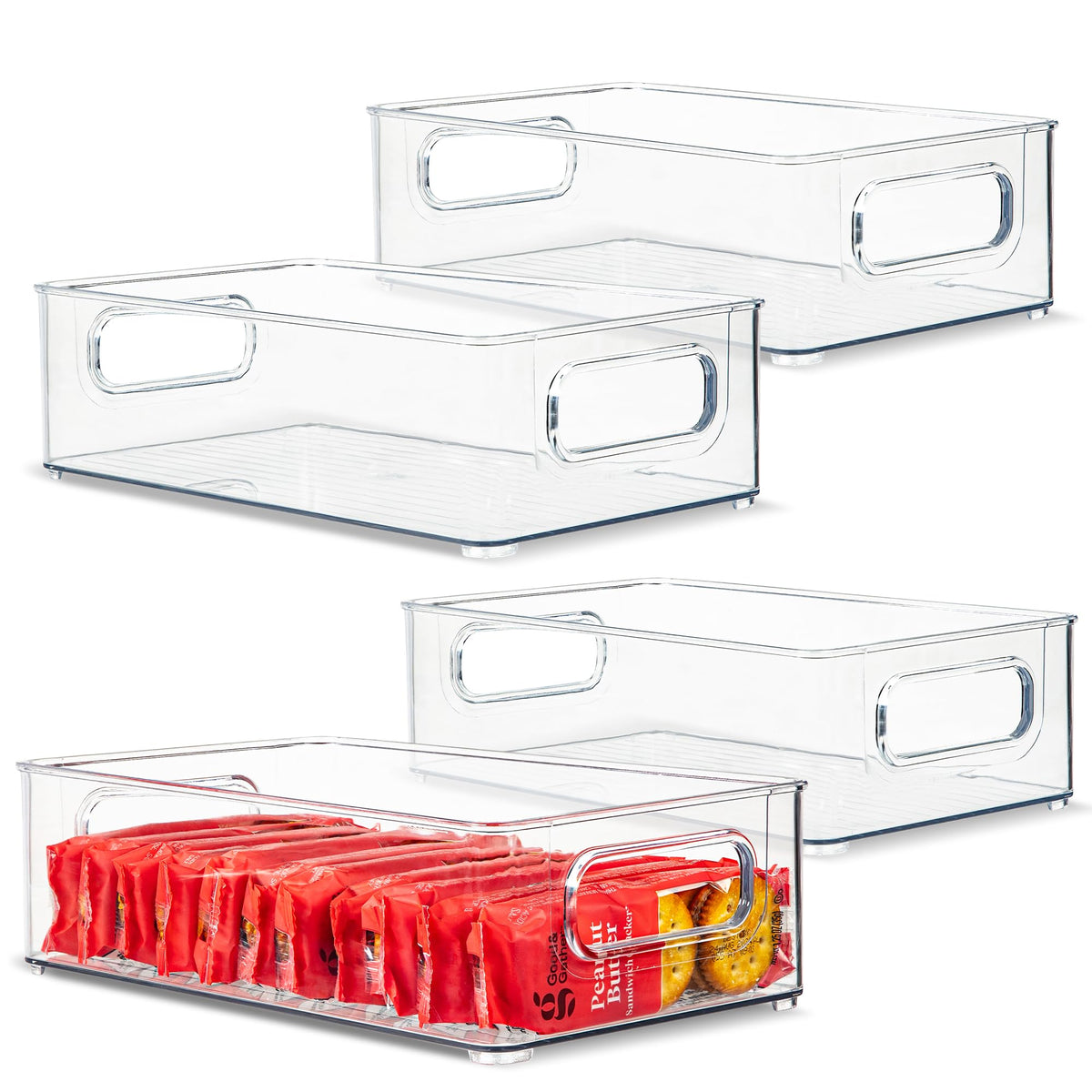 Plastic Food Storage 2 Pack Clear Container Bin with Handles for Organizing Kitchen, Pantry, Refrigerator, Freezer, Pantry, Cabinet, Closet, Bathroom. Stackable 10”x6”x3”