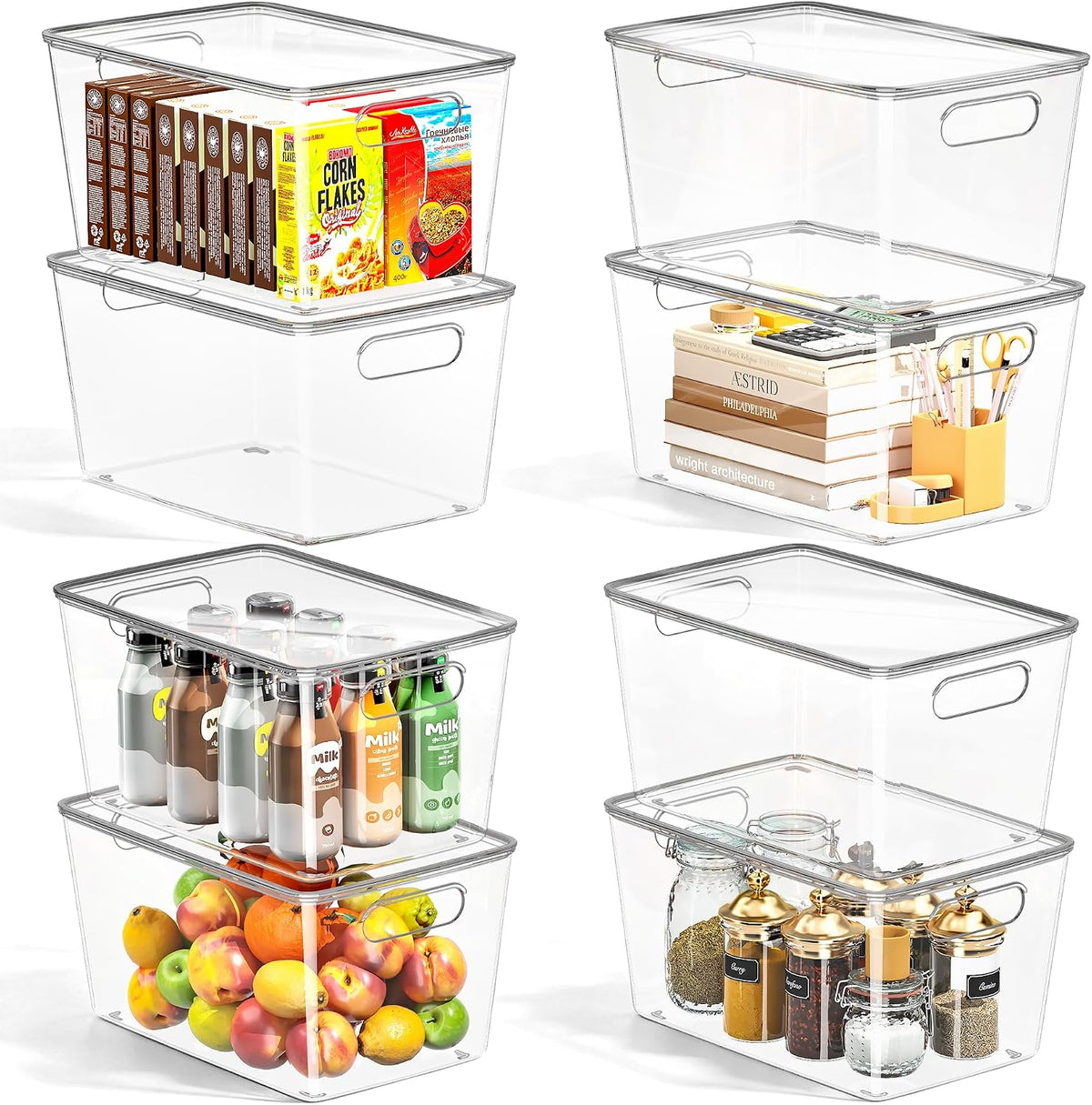 8 Pack Clear Stackable Storage Bins with Lids and Handles, XLarge