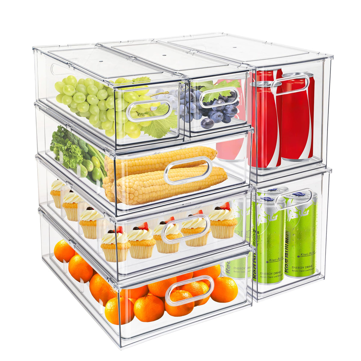 3Pack Fridge Organizer Drawer Divider Cube Pull-Out Bins Clear Food Container Refrigerator Storage box Produce Saver for Pantry Kitchen Cabinet