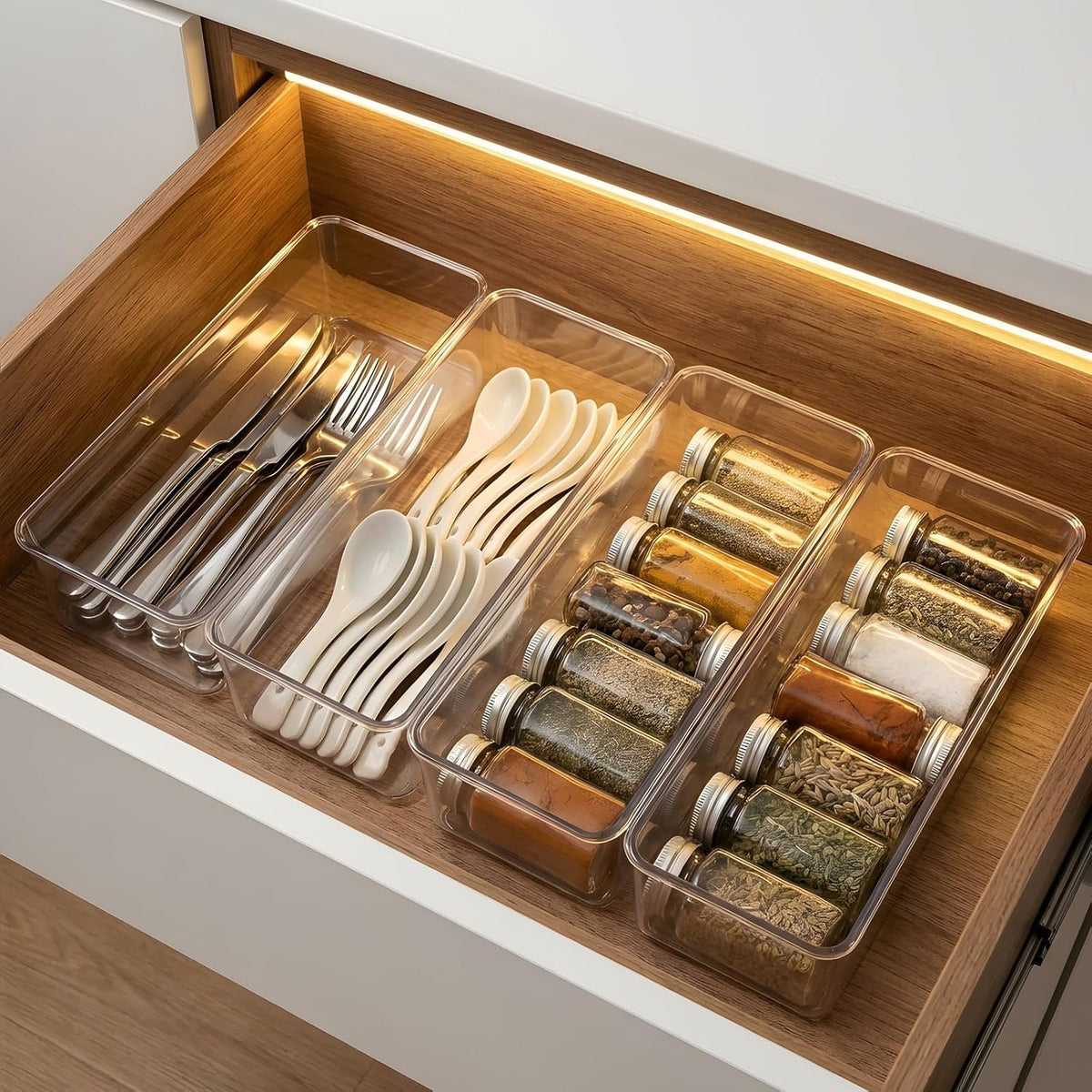 Hudgan 4 Clear Pantry Organizer Bins for Kitchen Drawer, Refrigerator
