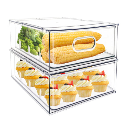 Mano Fridge Drawer Pull Out Stackable Bins with Handle Clear Refrigerator Drawers Organizer Food Storage Container Box with Dividers Plastic Produce Saver for Pantry, Cabinet, Kitchen, Clothes（4Pack）