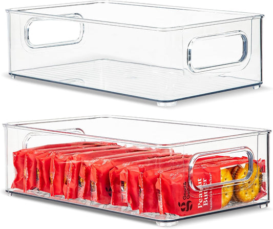 Plastic Food Storage 2 Pack Clear Container Bin with Handles for Organizing Kitchen, Pantry, Refrigerator, Freezer, Pantry, Cabinet, Closet, Bathroom. Stackable 10”x6”x3”