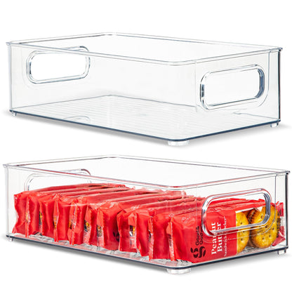 Plastic Food Storage 2 Pack Clear Container Bin with Handles for Organizing Kitchen, Pantry, Refrigerator, Freezer, Pantry, Cabinet, Closet, Bathroom. Stackable 10”x6”x3”