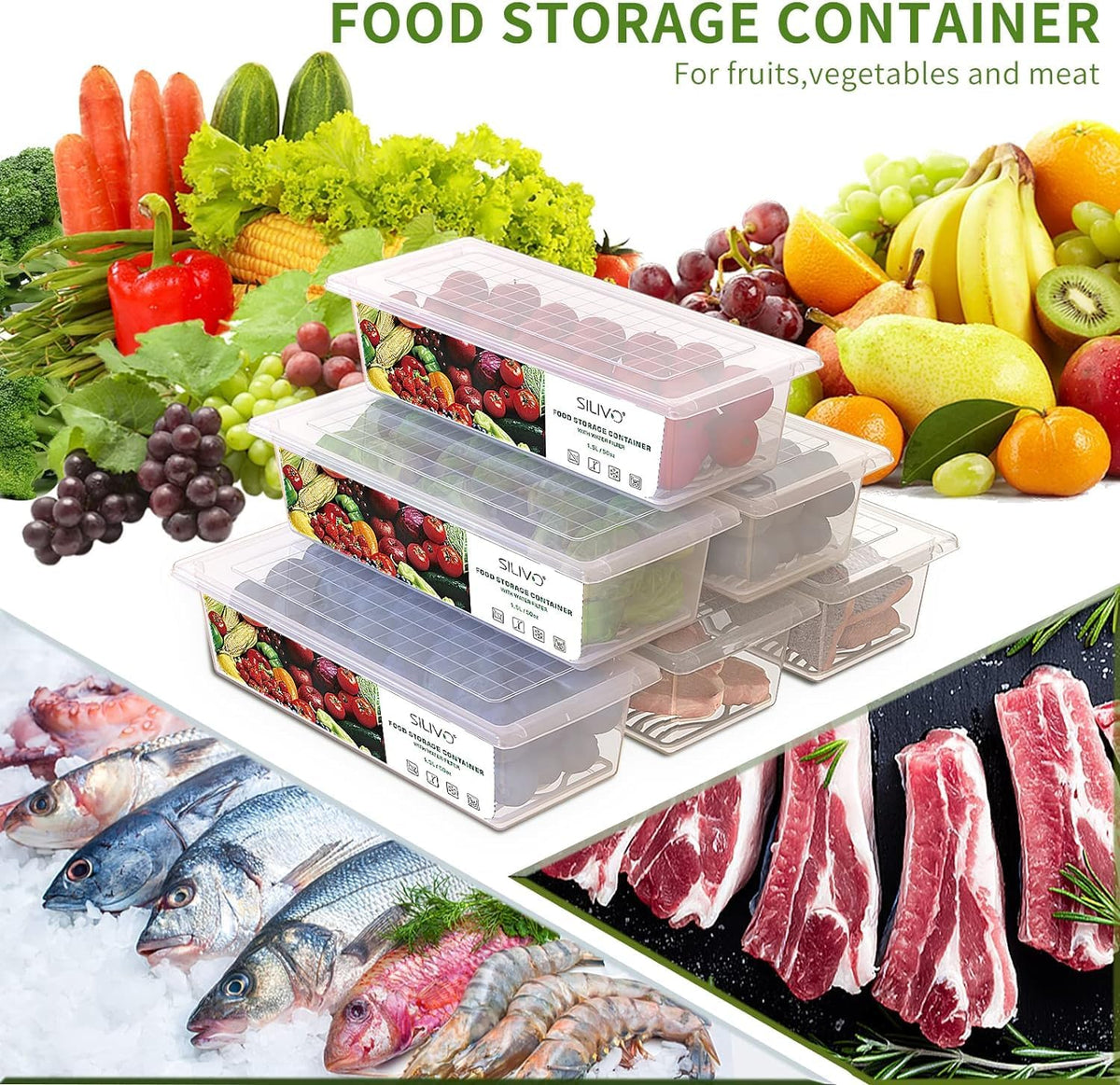 3 Pack 1.5L Fruit Storage Containers for Fridge with Removable Drain Tray