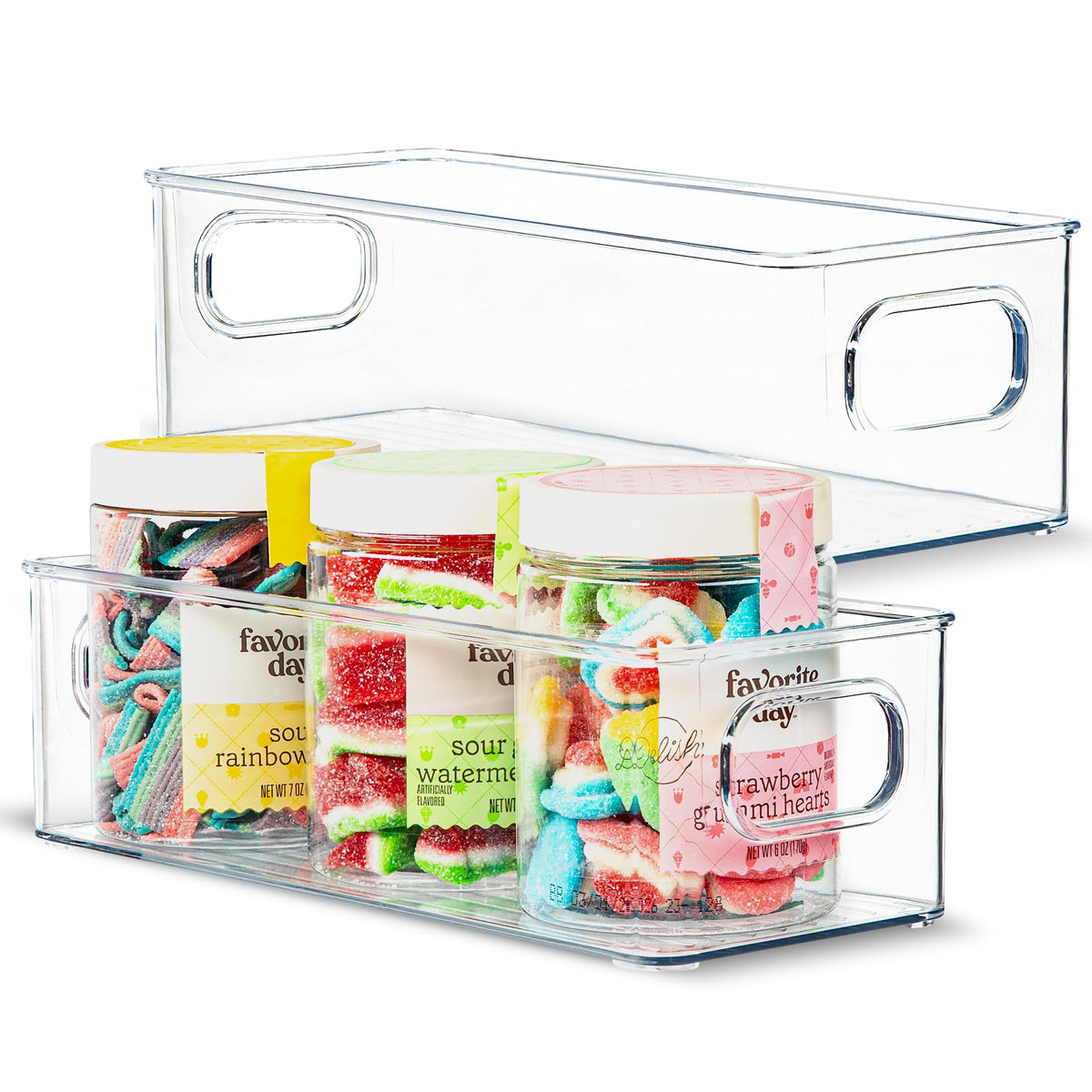Plastic Food Storage 2 Pack Clear Container Bin with Handles for Organizing Kitchen, Pantry, Refrigerator, Freezer, Pantry, Cabinet, Closet, Bathroom. Stackable 10”x6”x3”