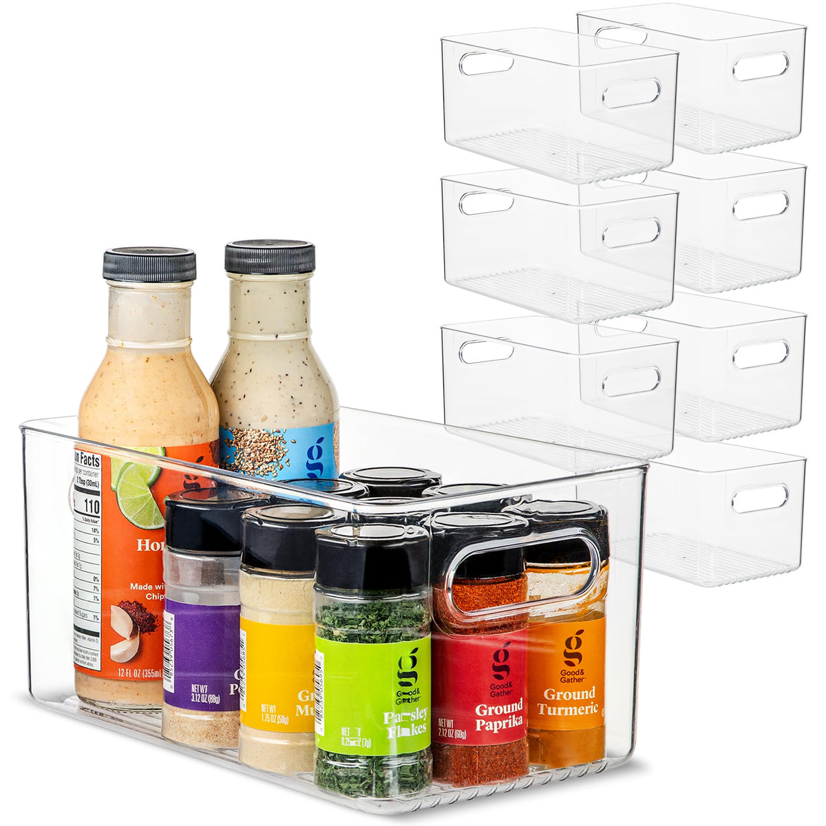 Plastic Food Storage 2 Pack Clear Container Bin with Handles for Organizing Kitchen, Pantry, Refrigerator, Freezer, Pantry, Cabinet, Closet, Bathroom. Stackable 10”x6”x3”