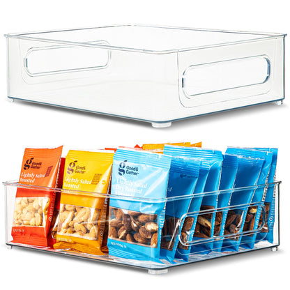 Plastic Food Storage 2 Pack Clear Container Bin with Handles for Organizing Kitchen, Pantry, Refrigerator, Freezer, Pantry, Cabinet, Closet, Bathroom. Stackable 10”x6”x3”