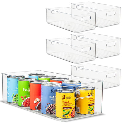 Plastic Food Storage 2 Pack Clear Container Bin with Handles for Organizing Kitchen, Pantry, Refrigerator, Freezer, Pantry, Cabinet, Closet, Bathroom. Stackable 10”x6”x3”