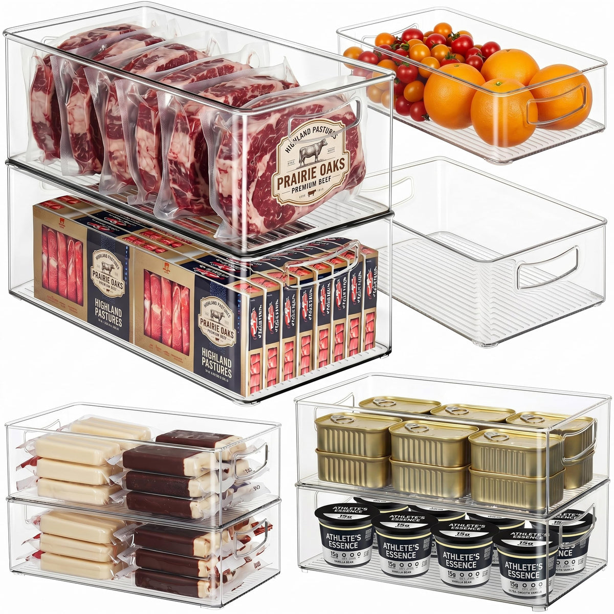 Hudgan Clear Storage Bins 8 Packs for Refrigerator, 4 Large Stackable Pantry Organizer Bins and 4 Medium Storage Plastic Containers for Home Edit, Kitchen, Freezer, Bathroom, Drawers, Shelves